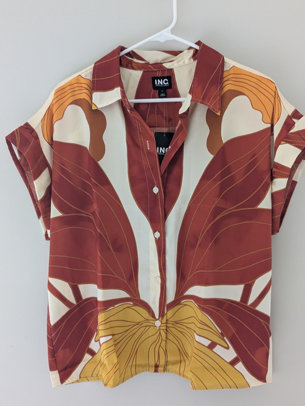 INC International Concepts Rust Floral Short-Sleeve Button Shirt